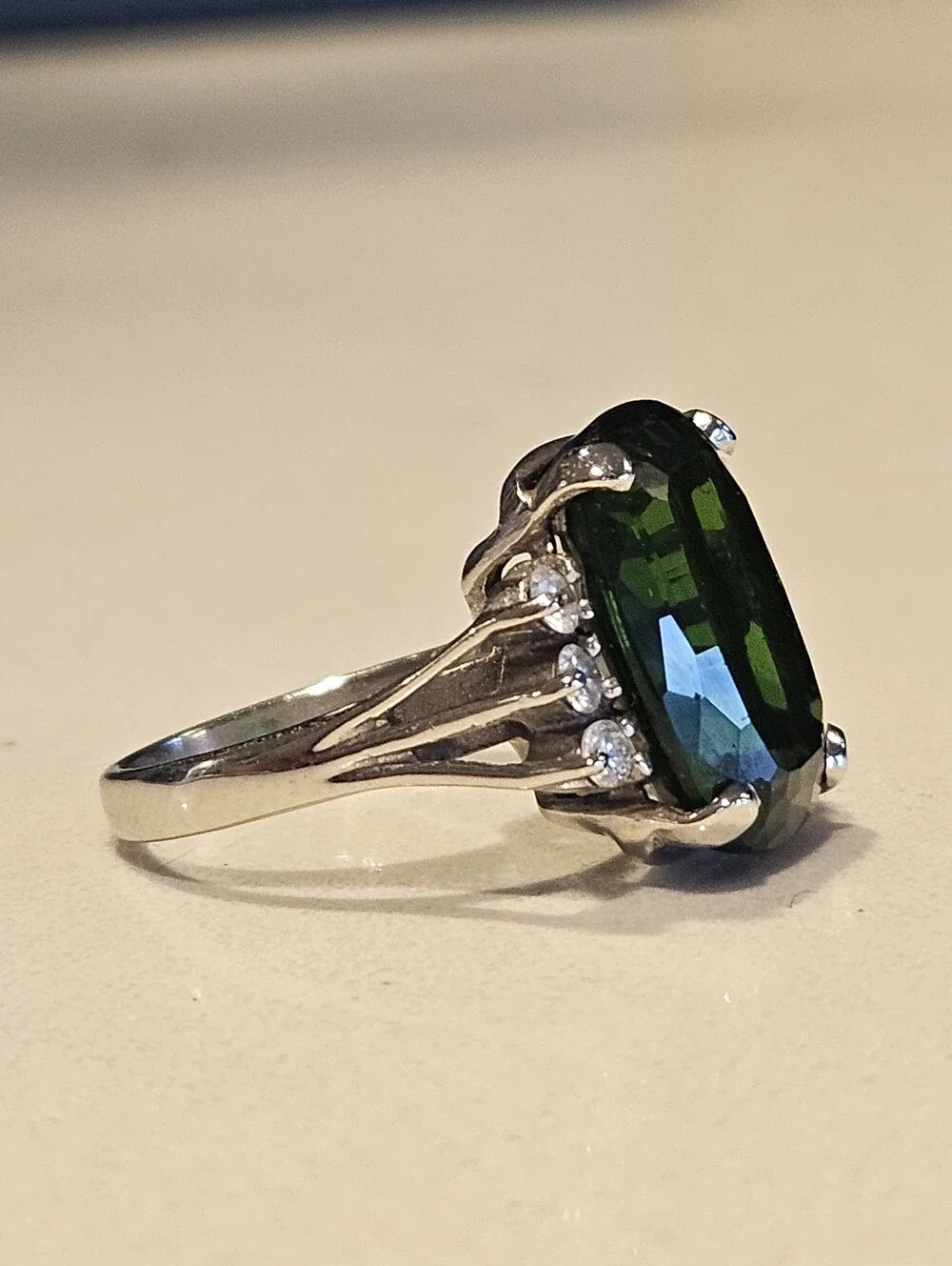 Estate 14k WG 11ct Natural Green Tourmaline Diamond Cocktail Ring Sz 5.5